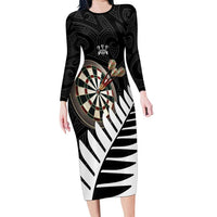Personalised New Zealand Darts Family Matching Long Sleeve Bodycon Dress and Hawaiian Shirt Silver Fern Aotearoa Maori Pattern - Polynesian Pride