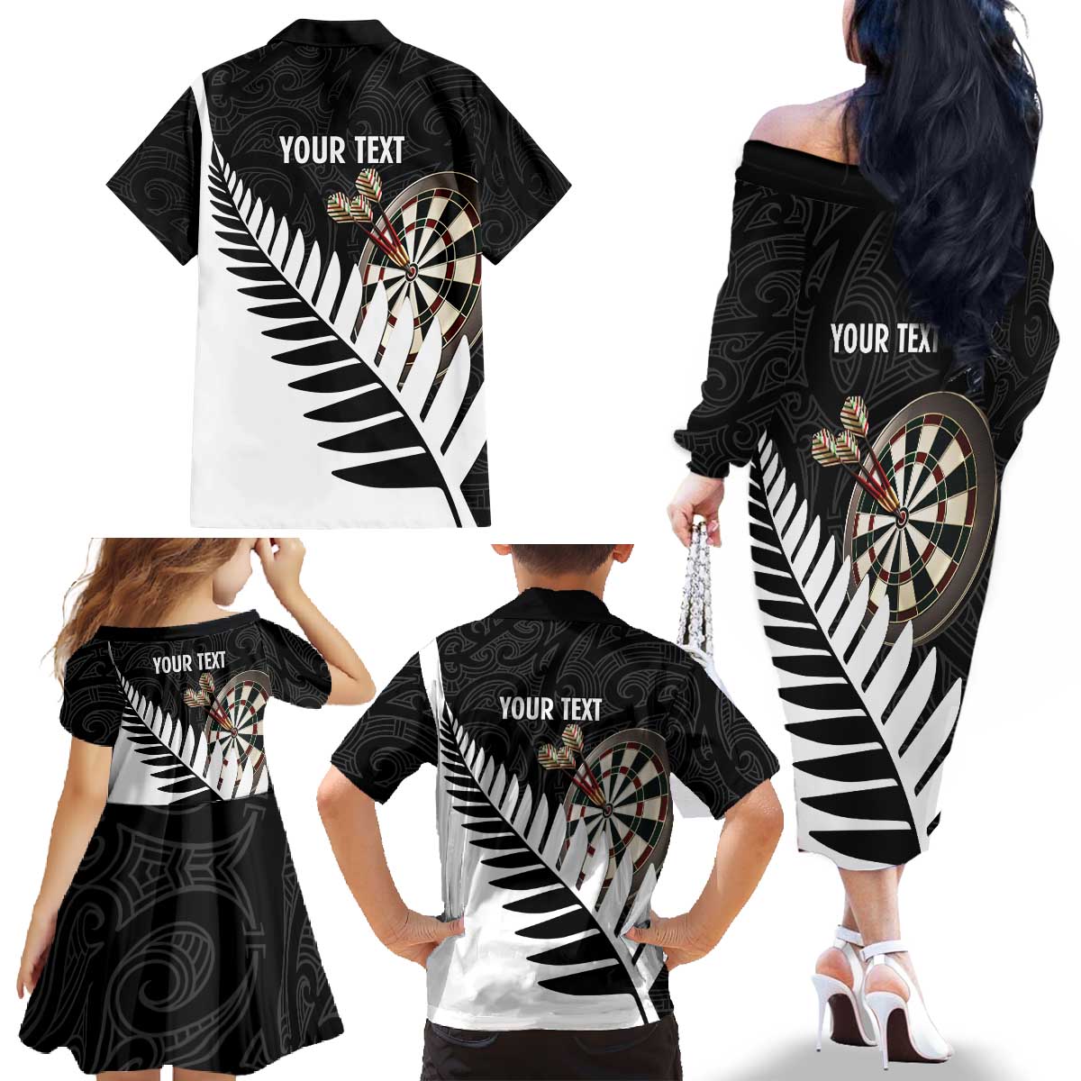 Personalised New Zealand Darts Family Matching Off The Shoulder Long Sleeve Dress and Hawaiian Shirt Silver Fern Aotearoa Maori Pattern - Polynesian Pride