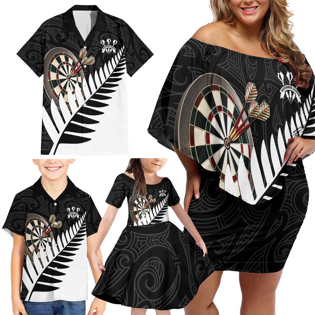 Personalised New Zealand Darts Family Matching Off Shoulder Short Dress and Hawaiian Shirt Silver Fern Aotearoa Maori Pattern - Polynesian Pride