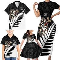 Personalised New Zealand Darts Family Matching Short Sleeve Bodycon Dress and Hawaiian Shirt Silver Fern Aotearoa Maori Pattern - Polynesian Pride