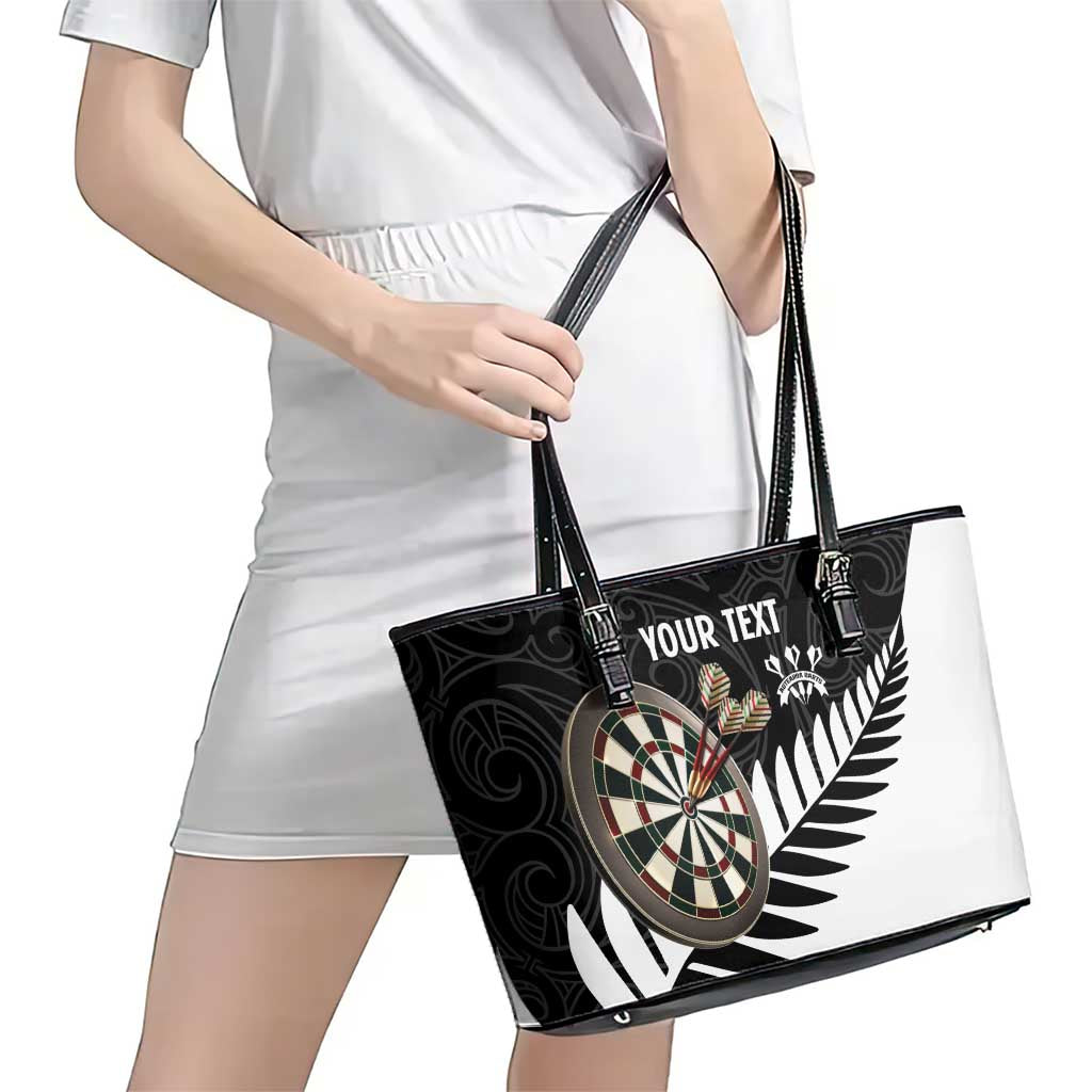 Personalised New Zealand Darts Leather Tote Bag Silver Fern Aotearoa Maori Pattern - Polynesian Pride