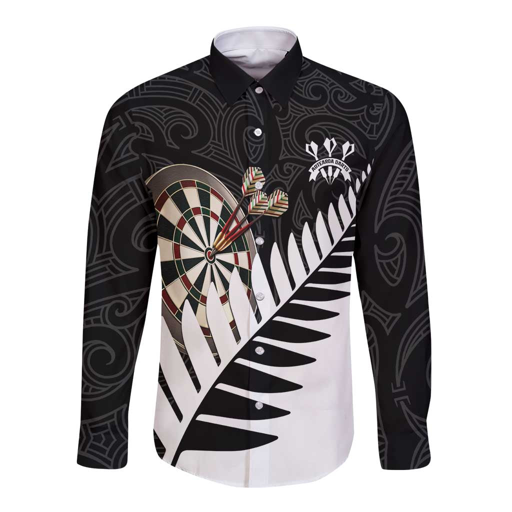 Personalised New Zealand Darts Long Sleeve Button Shirt Silver Fern Aotearoa Maori Pattern - Polynesian Pride