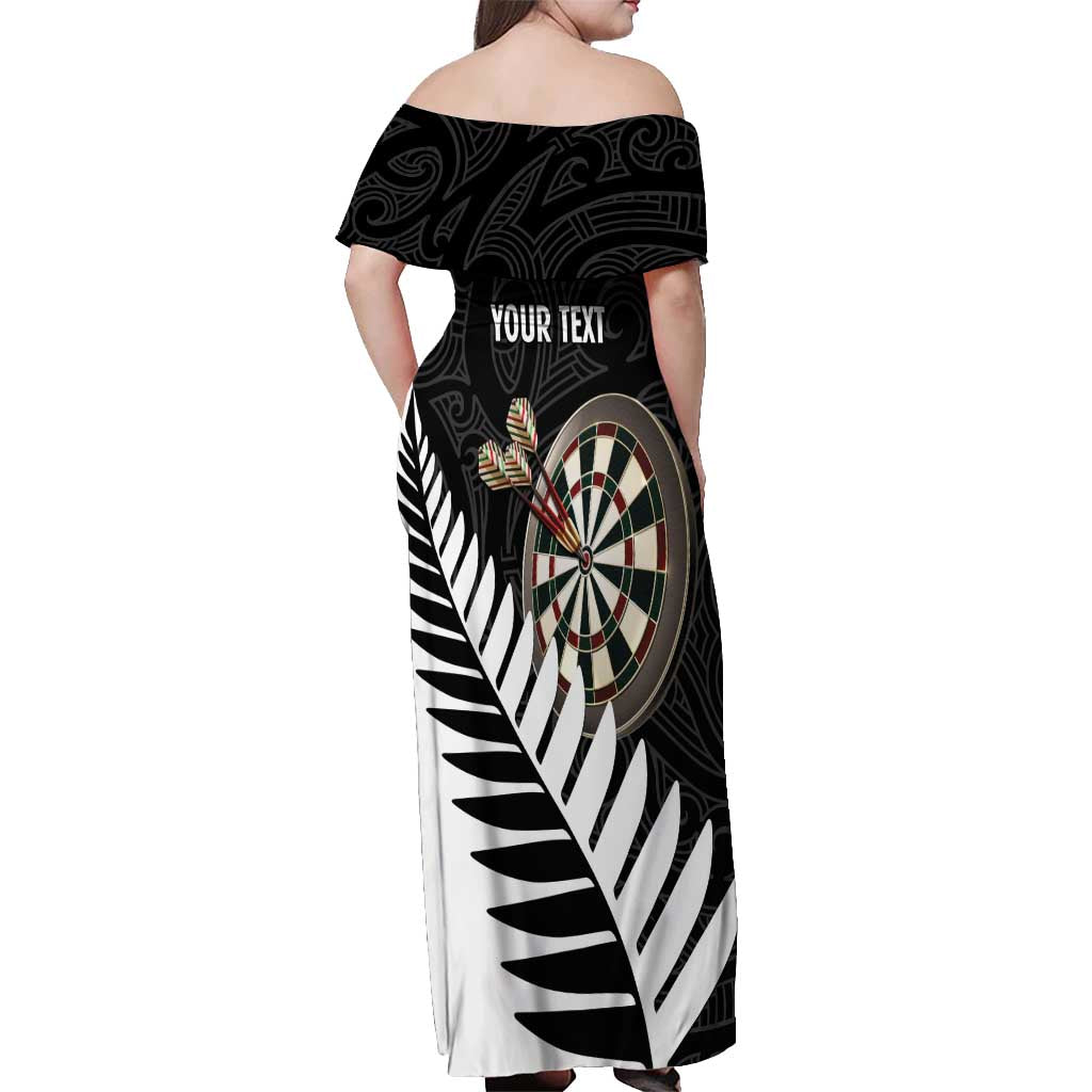 Personalised New Zealand Darts Off Shoulder Maxi Dress Silver Fern Aotearoa Maori Pattern - Polynesian Pride