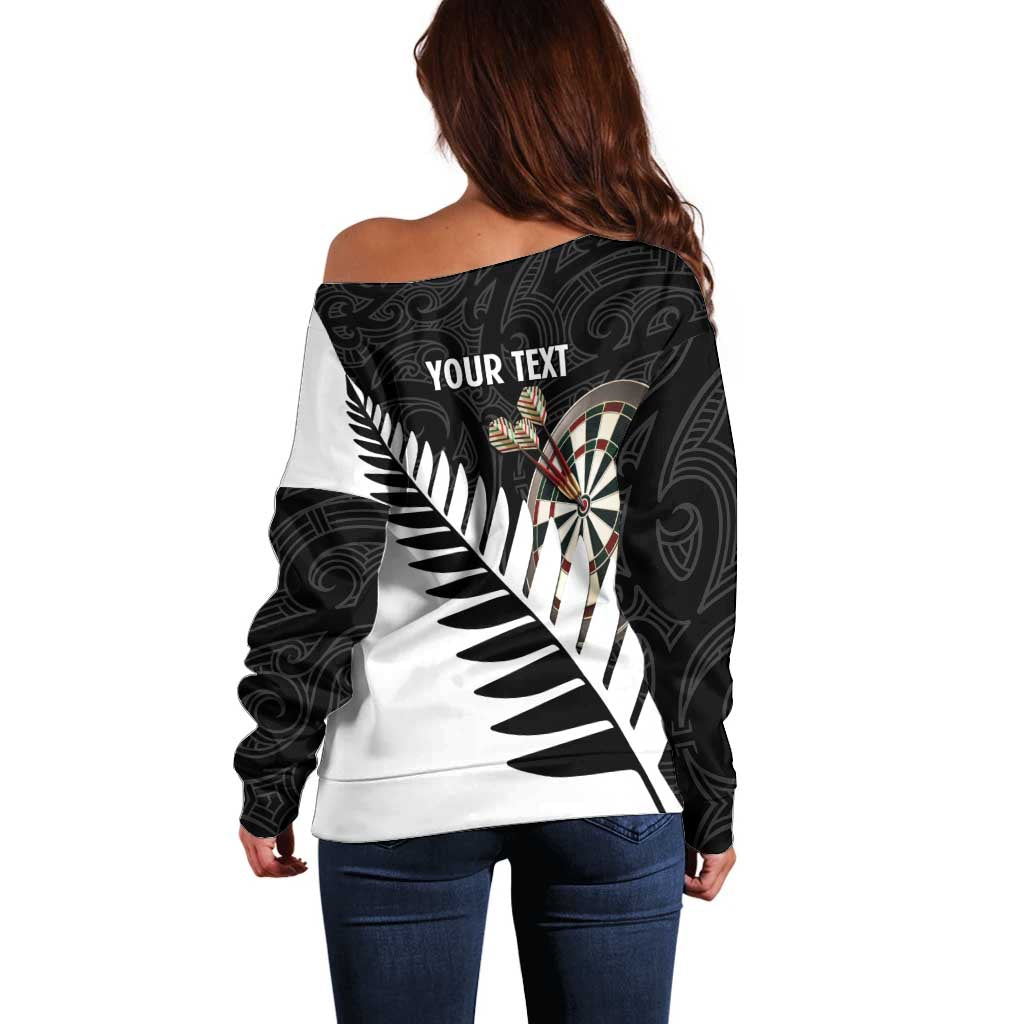 Personalised New Zealand Darts Off Shoulder Sweater Silver Fern Aotearoa Maori Pattern - Polynesian Pride