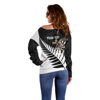 Personalised New Zealand Darts Off Shoulder Sweater Silver Fern Aotearoa Maori Pattern - Polynesian Pride