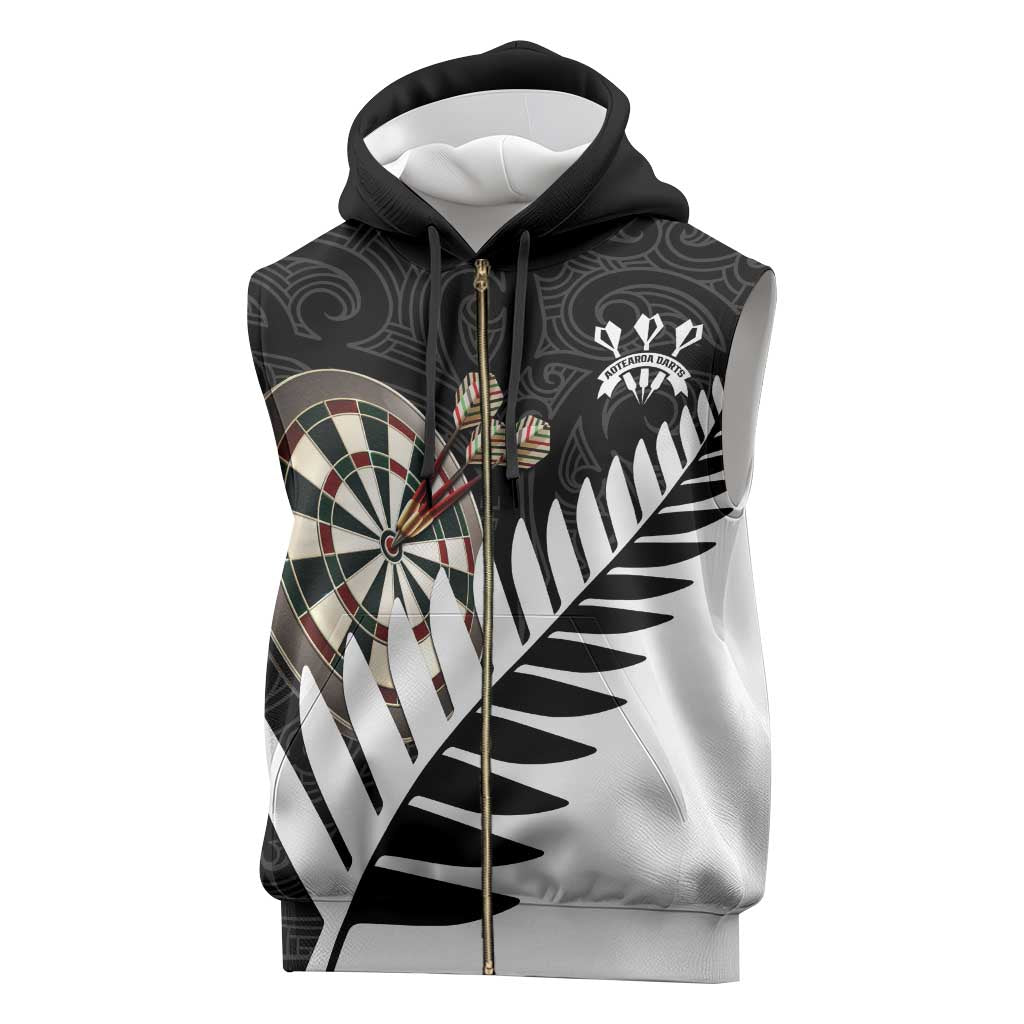 Personalised New Zealand Darts Sleeveless Zip Hoodie Silver Fern Aotearoa Maori Pattern - Polynesian Pride