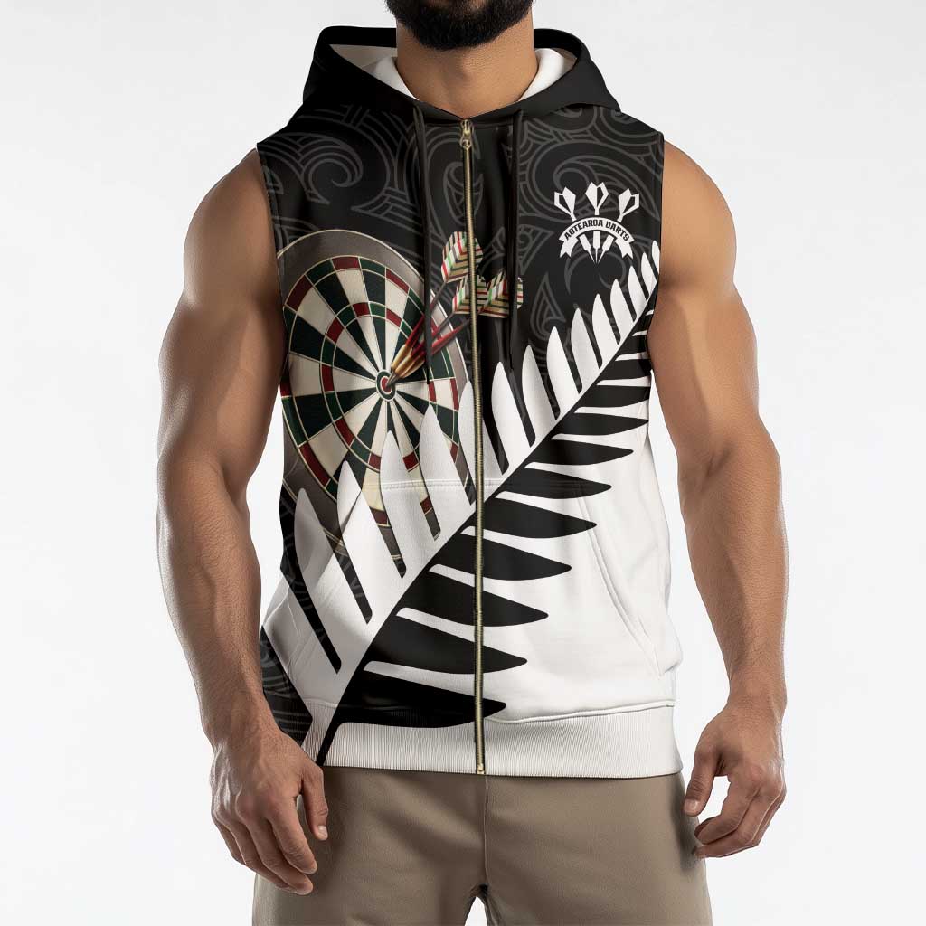 Personalised New Zealand Darts Sleeveless Zip Hoodie Silver Fern Aotearoa Maori Pattern - Polynesian Pride