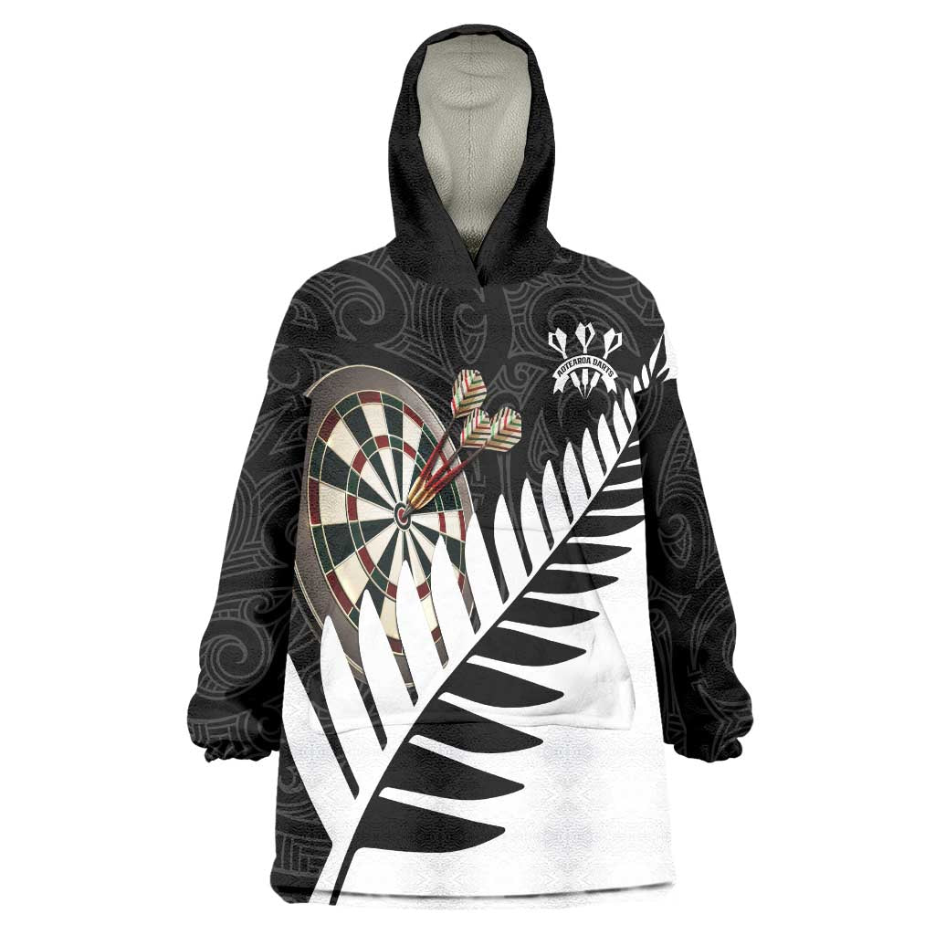 Personalised New Zealand Darts Wearable Blanket Hoodie Silver Fern Aotearoa Maori Pattern - Polynesian Pride