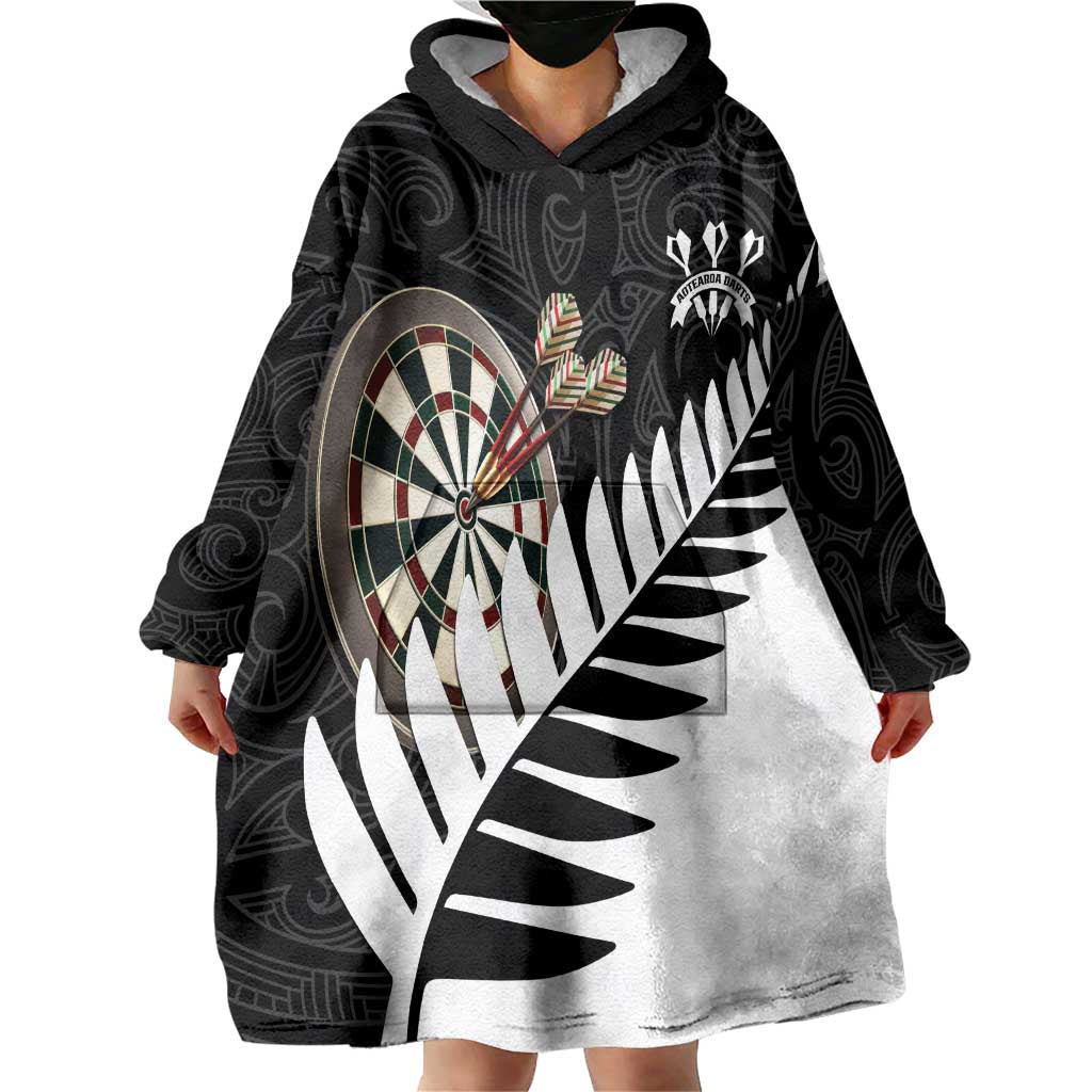 Personalised New Zealand Darts Wearable Blanket Hoodie Silver Fern Aotearoa Maori Pattern - Polynesian Pride