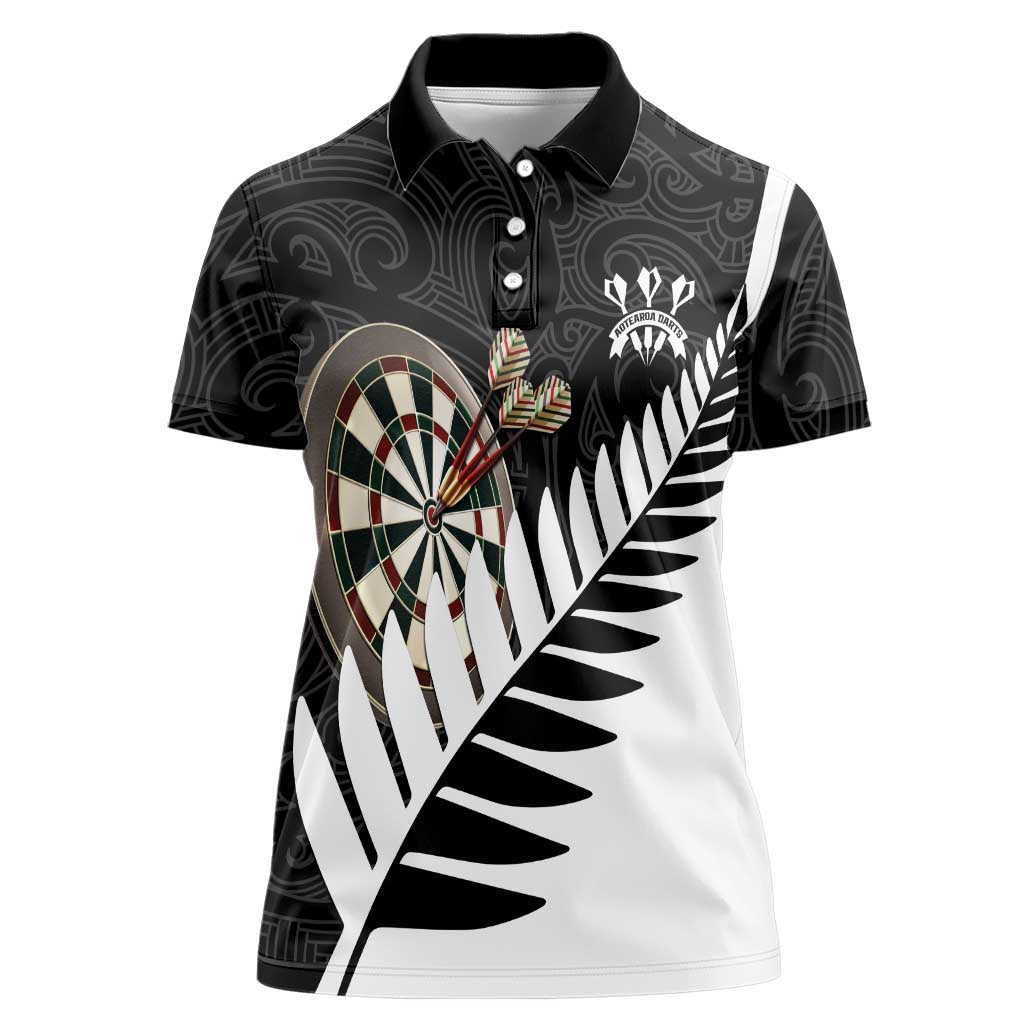 Personalised New Zealand Darts Women Polo Shirt Silver Fern Aotearoa Maori Pattern - Polynesian Pride