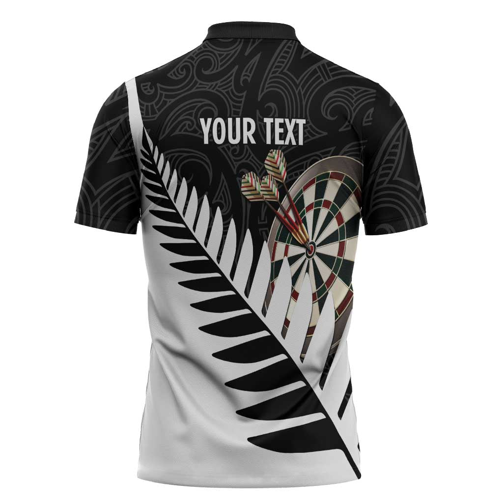 Personalised New Zealand Darts Zipper Polo Shirt Silver Fern Aotearoa Maori Pattern - Polynesian Pride