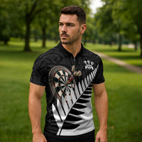 Personalised New Zealand Darts Zipper Polo Shirt Silver Fern Aotearoa Maori Pattern - Polynesian Pride