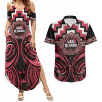 Aotearoa Ngai Te Rangi Personalised Couples Matching Summer Maxi Dress and Hawaiian Shirt Maori Iwi Poutama Puhoro Tattoo LT14 Red - Polynesian Pride