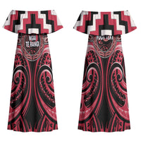 Aotearoa Ngai Te Rangi Personalised Family Matching Off Shoulder Maxi Dress and Hawaiian Shirt Maori Iwi Poutama Puhoro Tattoo LT14 Mom's Dress Red - Polynesian Pride