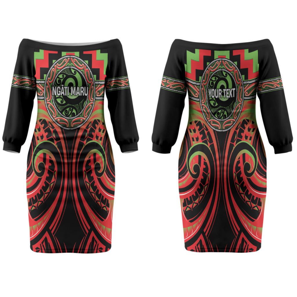 Aotearoa Ngati Maru Personalised Family Matching Off The Shoulder Long Sleeve Dress and Hawaiian Shirt Maori Iwi Poutama Puhoro Tattoo LT14 Mom's Dress Red - Polynesian Pride