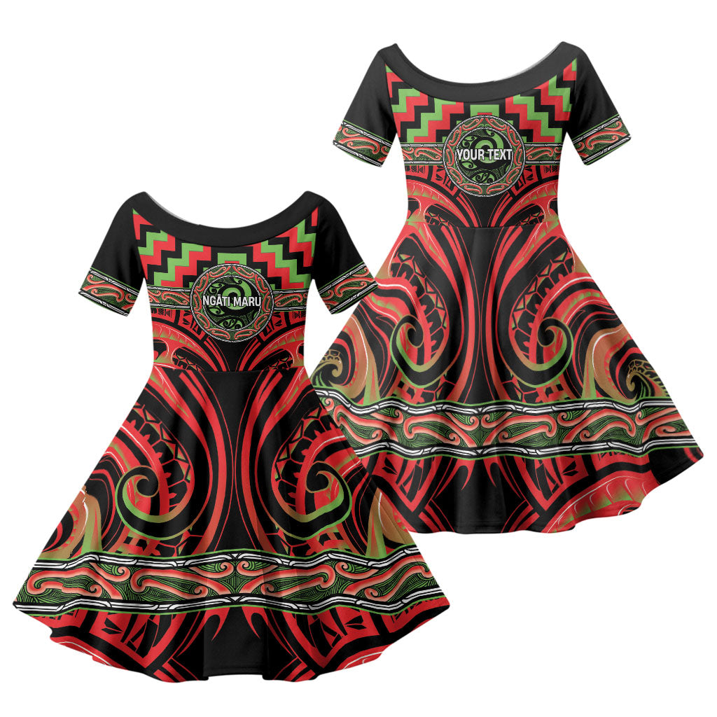 Aotearoa Ngati Maru Personalised Family Matching Off Shoulder Short Dress and Hawaiian Shirt Maori Iwi Poutama Puhoro Tattoo LT14 Daughter's Dress Red - Polynesian Pride