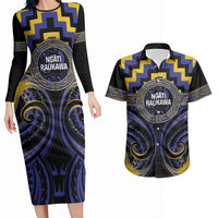 Aotearoa Ngati Raukawa Personalised Couples Matching Long Sleeve Bodycon Dress and Hawaiian Shirt Maori Iwi Poutama Puhoro Tattoo LT14 Blue - Polynesian Pride