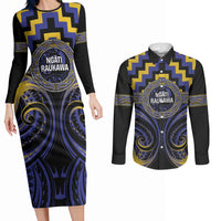 Aotearoa Ngati Raukawa Personalised Couples Matching Long Sleeve Bodycon Dress and Long Sleeve Button Shirt Maori Iwi Poutama Puhoro Tattoo LT14 Blue - Polynesian Pride