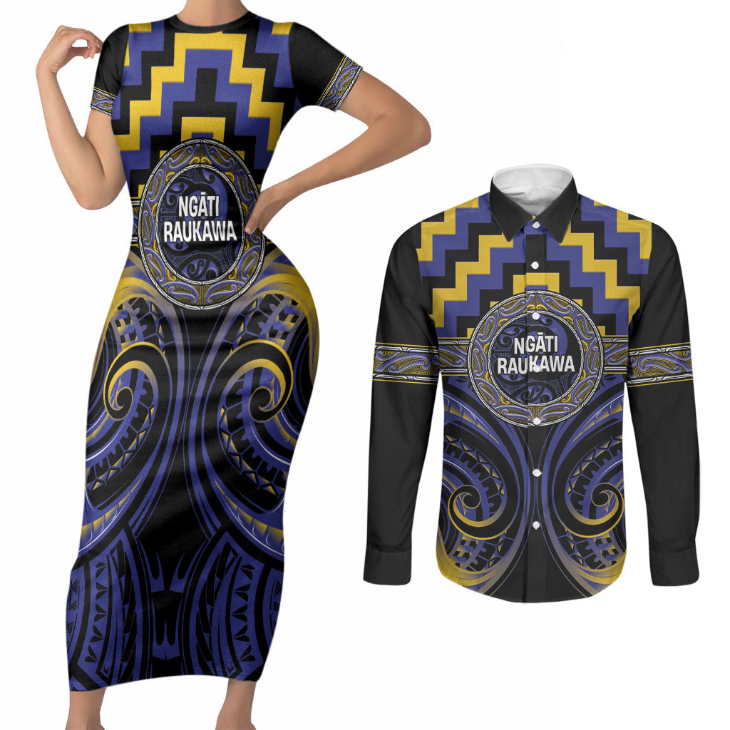 Aotearoa Ngati Raukawa Personalised Couples Matching Short Sleeve Bodycon Dress and Long Sleeve Button Shirt Maori Iwi Poutama Puhoro Tattoo LT14 Blue - Polynesian Pride