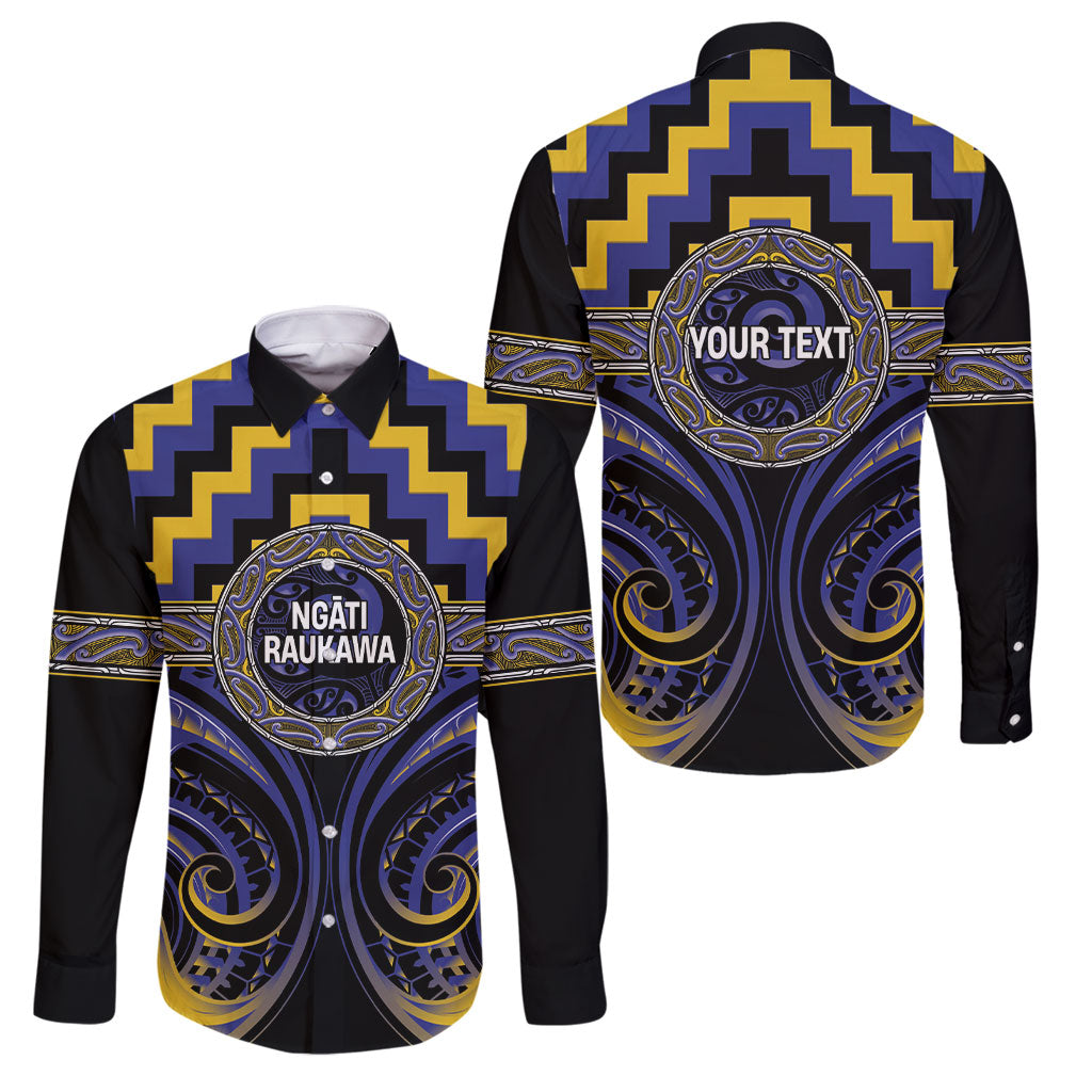 Aotearoa Ngati Raukawa Personalised Family Matching Off The Shoulder Long Sleeve Dress and Hawaiian Shirt Maori Iwi Poutama Puhoro Tattoo LT14 Dad's Shirt - Long Sleeve Blue - Polynesian Pride