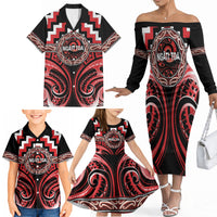 Aotearoa Ngati Toa Personalised Family Matching Off The Shoulder Long Sleeve Dress and Hawaiian Shirt Maori Iwi Poutama Puhoro Tattoo LT14 - Polynesian Pride