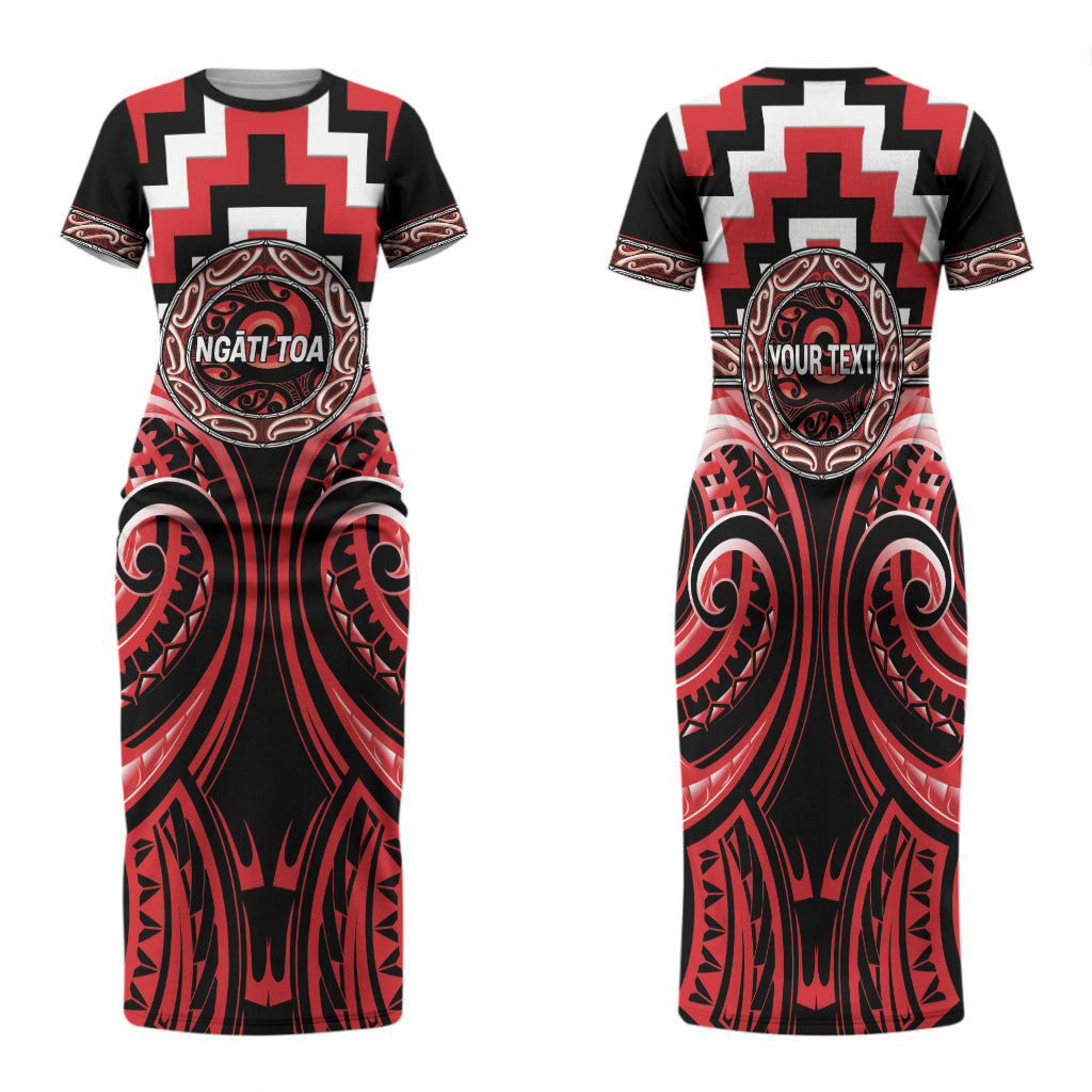 Aotearoa Ngati Toa Personalised Family Matching Short Sleeve Bodycon Dress and Hawaiian Shirt Maori Iwi Poutama Puhoro Tattoo LT14 Mom's Dress Red - Polynesian Pride