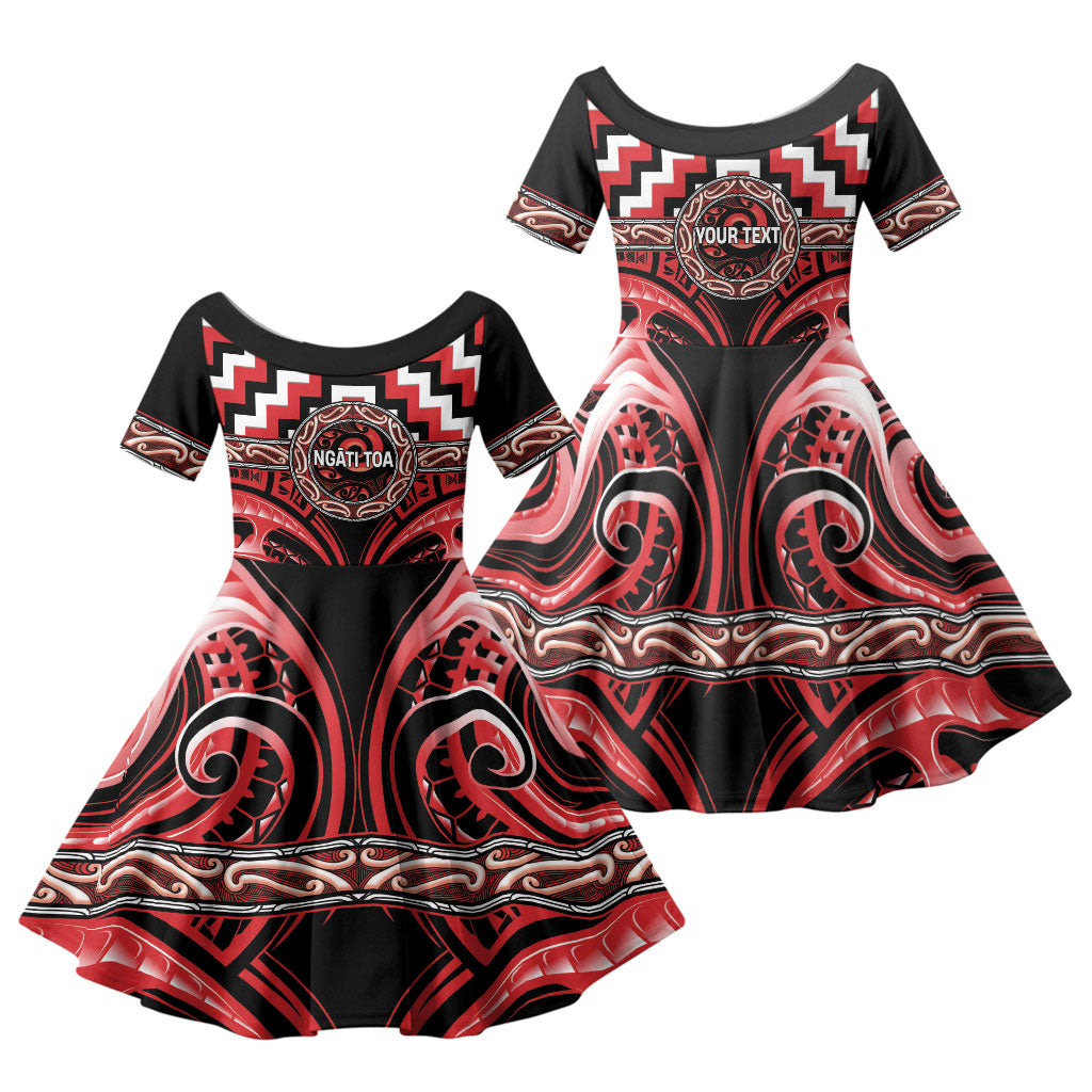Aotearoa Ngati Toa Personalised Family Matching Short Sleeve Bodycon Dress and Hawaiian Shirt Maori Iwi Poutama Puhoro Tattoo LT14 Daughter's Dress Red - Polynesian Pride