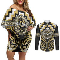 Aotearoa Ngati Tama Personalised Couples Matching Off Shoulder Short Dress and Long Sleeve Button Shirt Maori Iwi Poutama Puhoro Tattoo LT14 Yellow - Polynesian Pride
