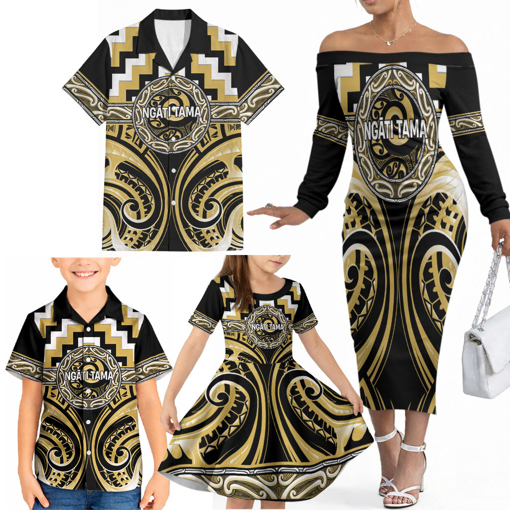 Aotearoa Ngati Tama Personalised Family Matching Off The Shoulder Long Sleeve Dress and Hawaiian Shirt Maori Iwi Poutama Puhoro Tattoo LT14 - Polynesian Pride