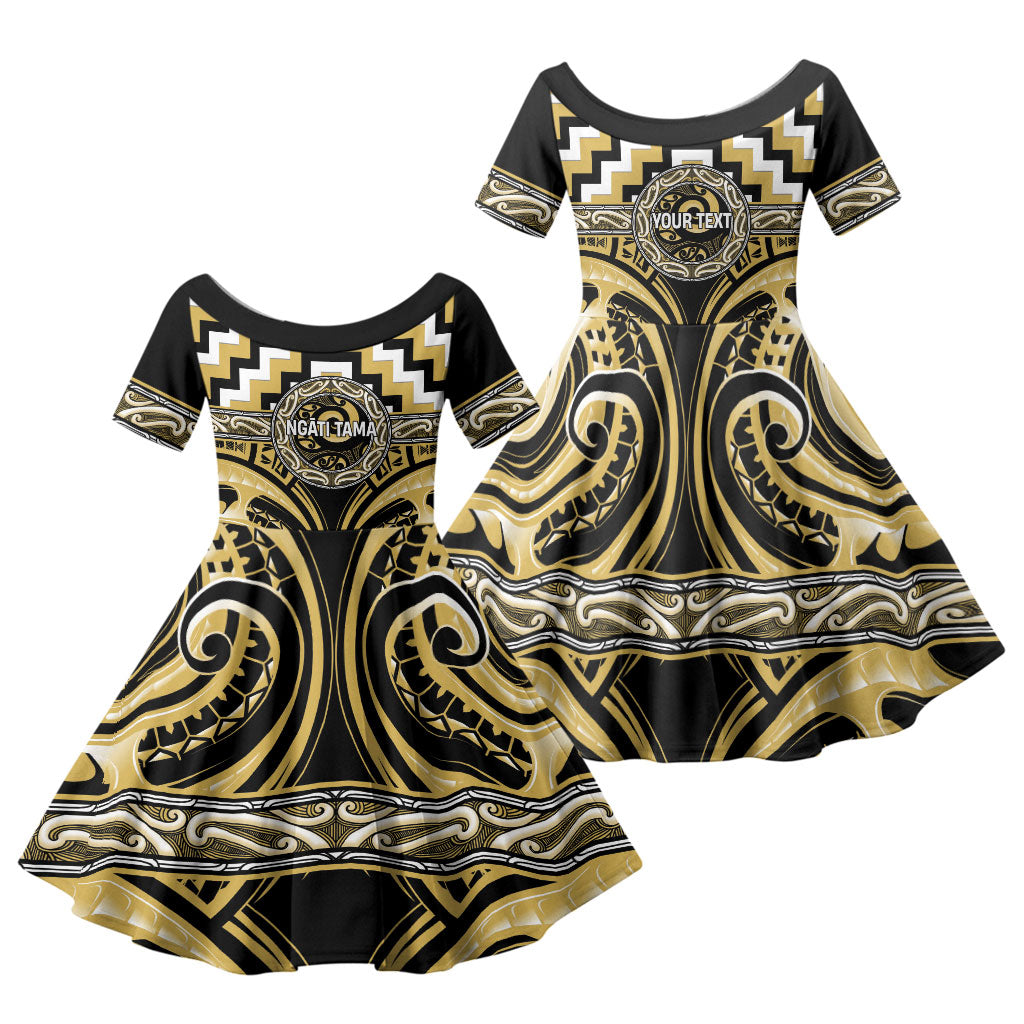 Aotearoa Ngati Tama Personalised Family Matching Puletasi and Hawaiian Shirt Maori Iwi Poutama Puhoro Tattoo LT14 Daughter's Dress Yellow - Polynesian Pride