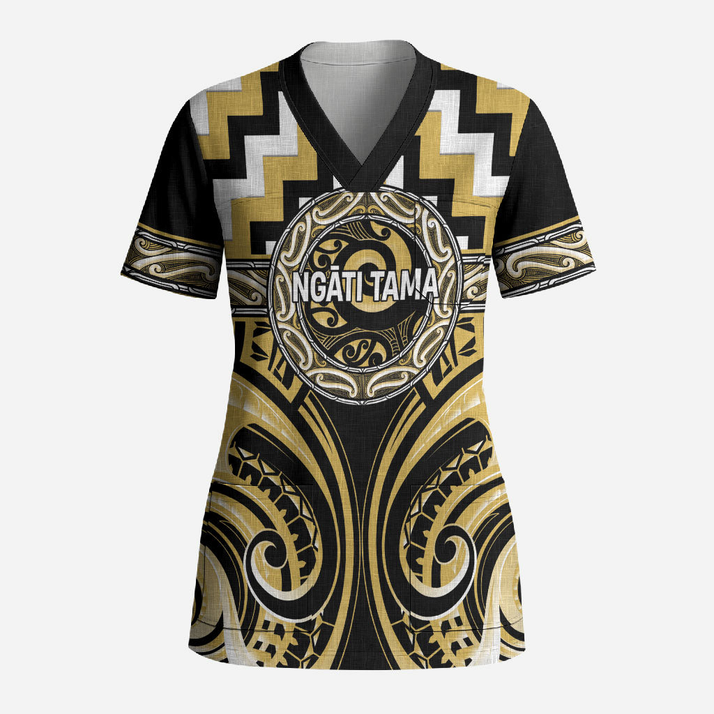 Aotearoa Ngati Tama Personalised Scrub Top Maori Iwi Poutama Puhoro Tattoo LT14 Adult Yellow - Polynesian Pride