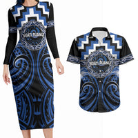 Aotearoa Ngati Ruanui Personalised Couples Matching Long Sleeve Bodycon Dress and Hawaiian Shirt Maori Iwi Poutama Puhoro Tattoo LT14 Blue - Polynesian Pride