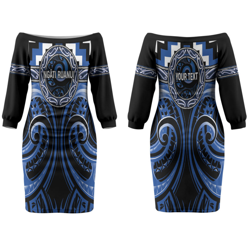Aotearoa Ngati Ruanui Personalised Couples Matching Off The Shoulder Long Sleeve Dress and Hawaiian Shirt Maori Iwi Poutama Puhoro Tattoo LT14 - Polynesian Pride