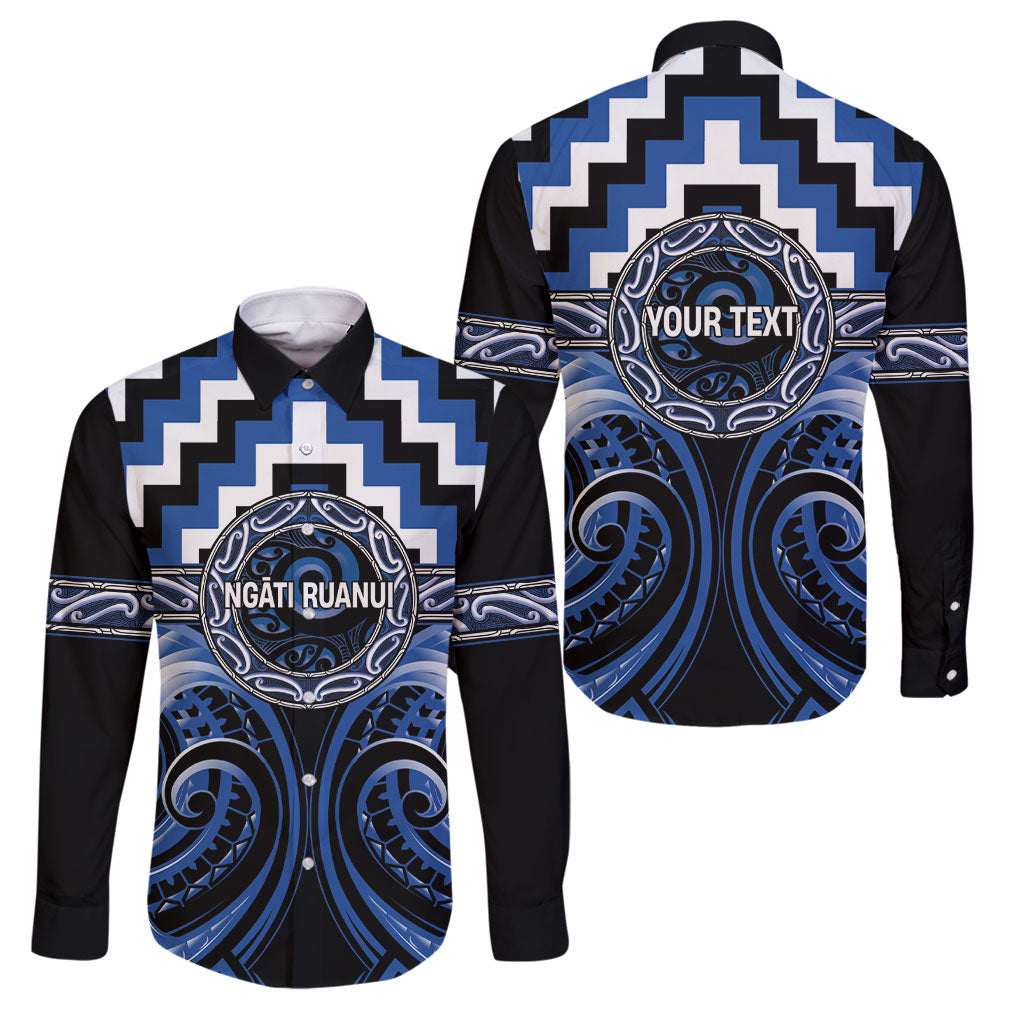 Aotearoa Ngati Ruanui Personalised Family Matching Long Sleeve Bodycon Dress and Hawaiian Shirt Maori Iwi Poutama Puhoro Tattoo LT14 Dad's Shirt - Long Sleeve Blue - Polynesian Pride