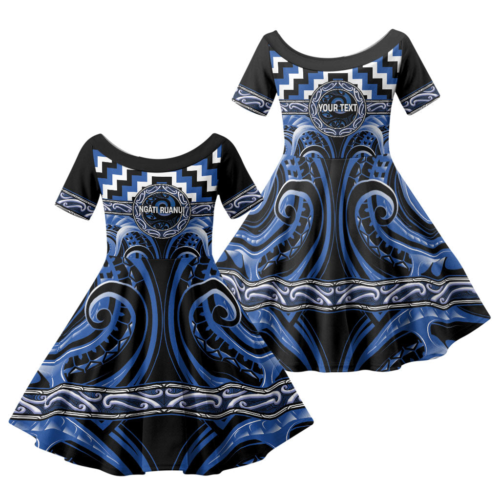 Aotearoa Ngati Ruanui Personalised Family Matching Off Shoulder Maxi Dress and Hawaiian Shirt Maori Iwi Poutama Puhoro Tattoo LT14 Daughter's Dress Blue - Polynesian Pride