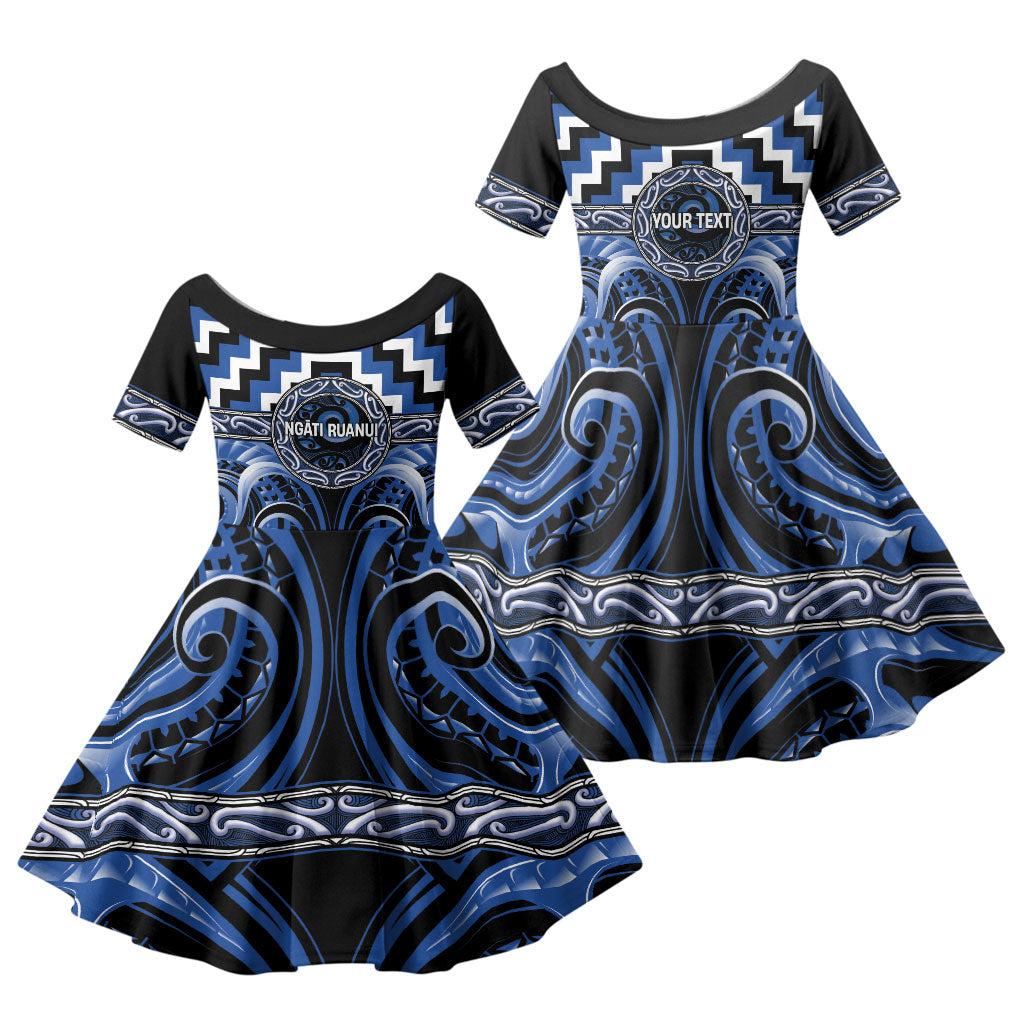 Aotearoa Ngati Ruanui Personalised Family Matching Puletasi and Hawaiian Shirt Maori Iwi Poutama Puhoro Tattoo LT14 Daughter's Dress Blue - Polynesian Pride