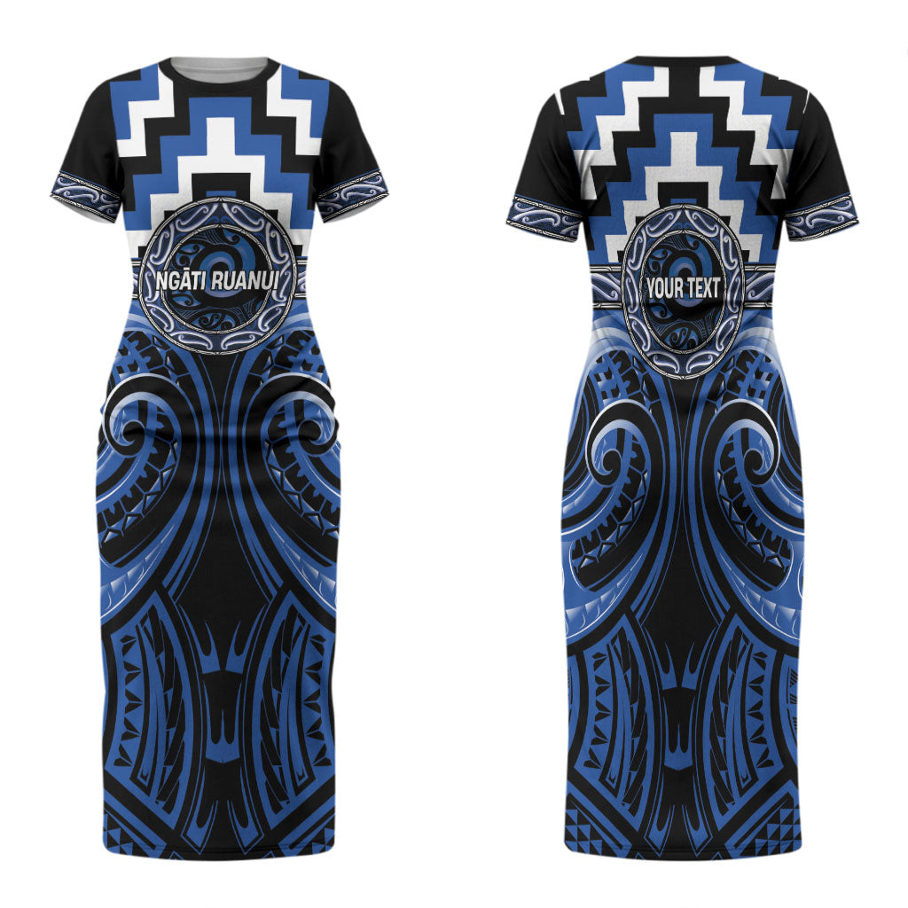 Aotearoa Ngati Ruanui Personalised Family Matching Short Sleeve Bodycon Dress and Hawaiian Shirt Maori Iwi Poutama Puhoro Tattoo LT14 Mom's Dress Blue - Polynesian Pride