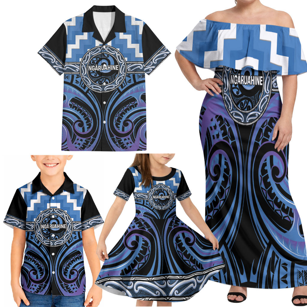 Aotearoa Ngaruahine Personalised Family Matching Off Shoulder Maxi Dress and Hawaiian Shirt Maori Iwi Poutama Puhoro Tattoo LT14 - Polynesian Pride