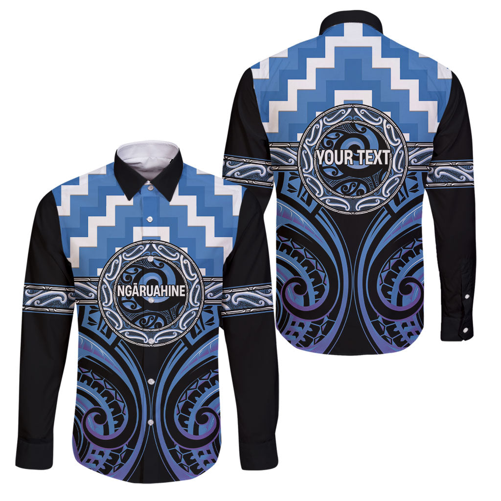Aotearoa Ngaruahine Personalised Family Matching Summer Maxi Dress and Hawaiian Shirt Maori Iwi Poutama Puhoro Tattoo LT14 Dad's Shirt - Long Sleeve Blue - Polynesian Pride