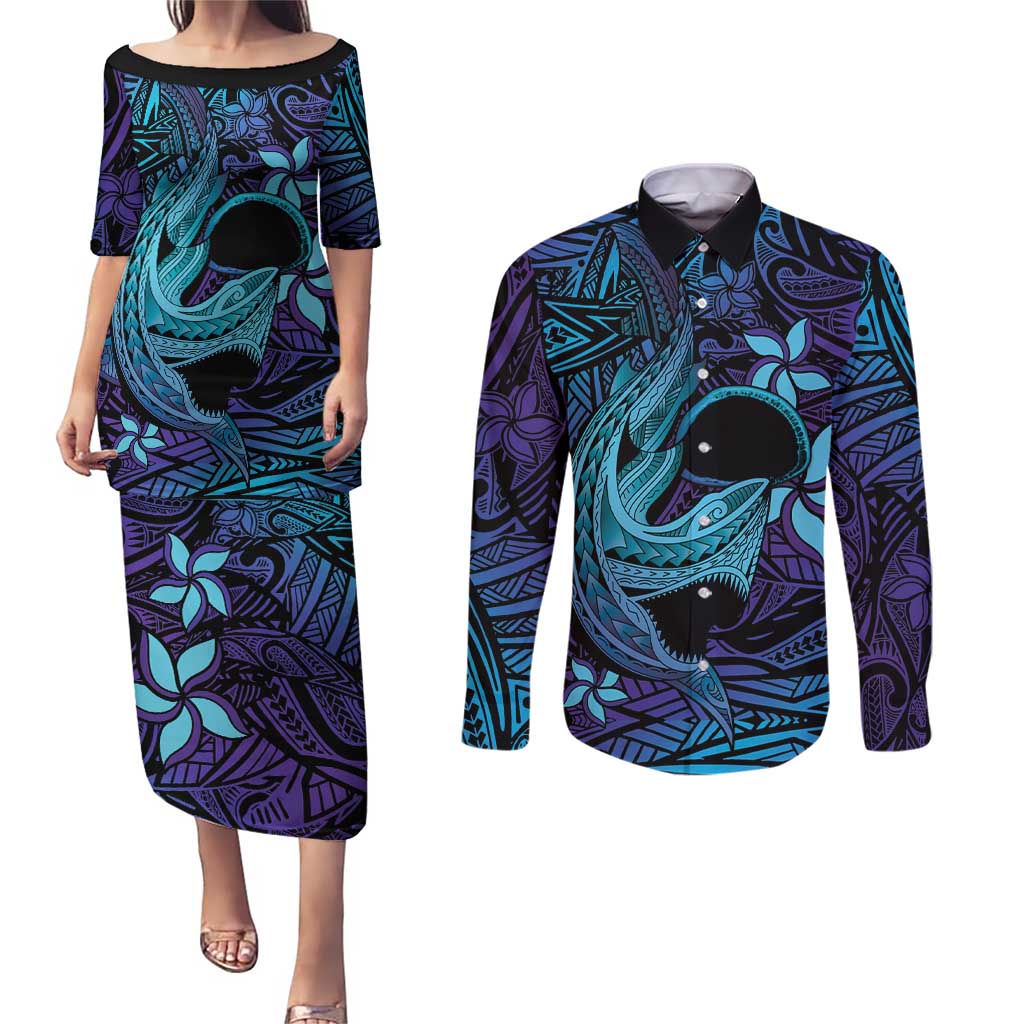 Nukuoro Atoll Couples Matching Puletasi and Long Sleeve Button Shirt Polynesian Shark Tattoo Purple Gradient Vibes