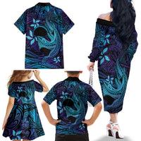 Nukuoro Atoll Family Matching Off The Shoulder Long Sleeve Dress and Hawaiian Shirt Polynesian Shark Tattoo Purple Gradient Vibes