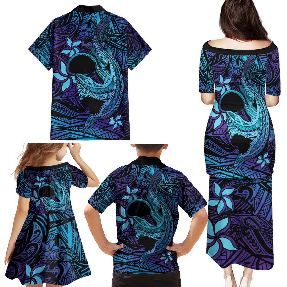Nukuoro Atoll Family Matching Puletasi and Hawaiian Shirt Polynesian Shark Tattoo Purple Gradient Vibes LT14 - Polynesian Pride