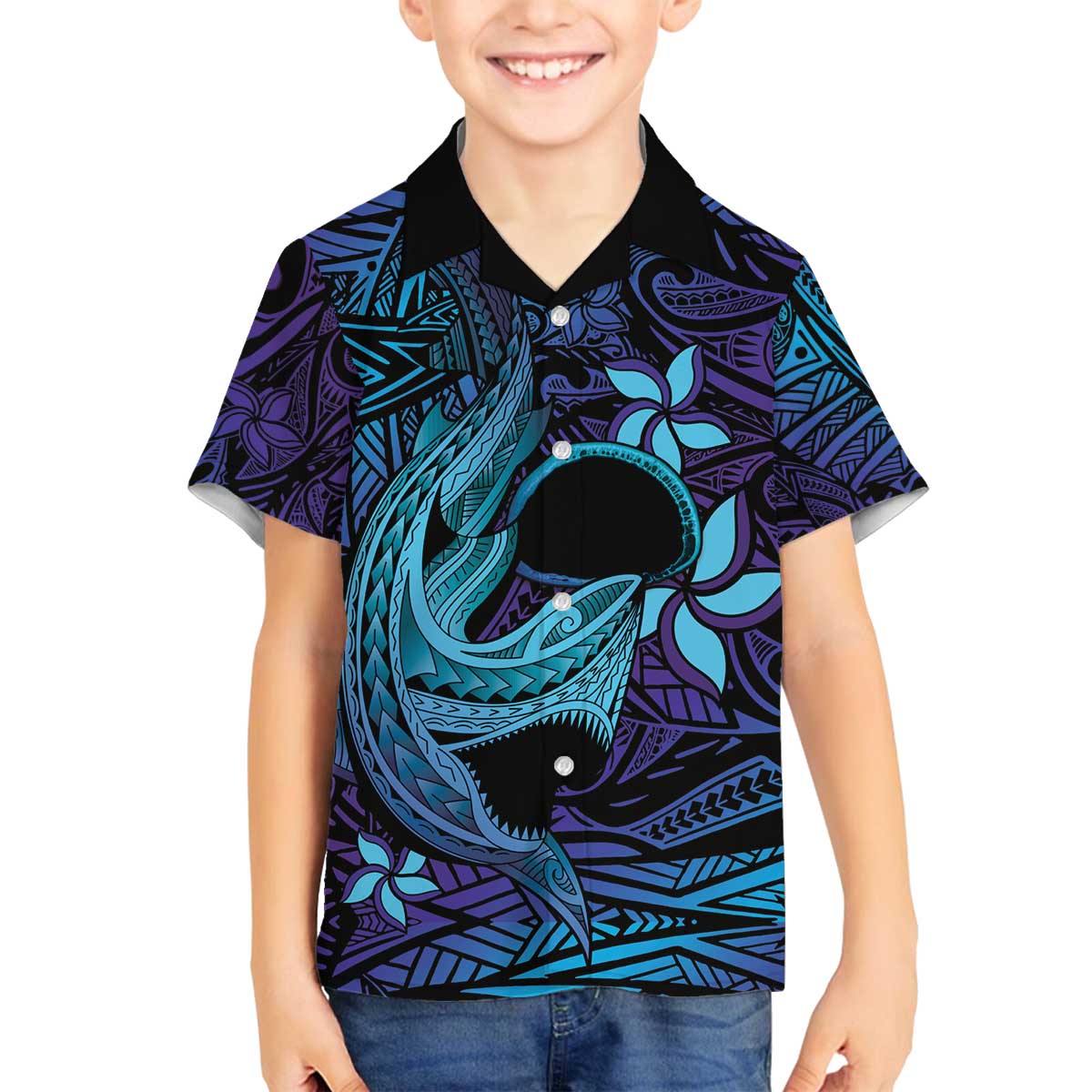 Nukuoro Atoll Family Matching Puletasi and Hawaiian Shirt Polynesian Shark Tattoo Purple Gradient Vibes LT14 Son's Shirt Purple - Polynesian Pride