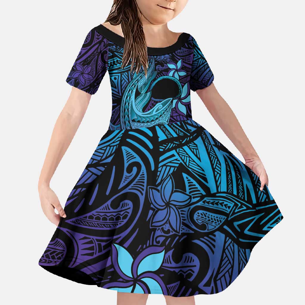 Nukuoro Atoll Family Matching Short Sleeve Bodycon Dress and Hawaiian Shirt Polynesian Shark Tattoo Purple Gradient Vibes LT14 Daughter's Dress Purple - Polynesian Pride