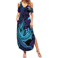 Nukuoro Atoll Family Matching Summer Maxi Dress and Hawaiian Shirt Polynesian Shark Tattoo Purple Gradient Vibes