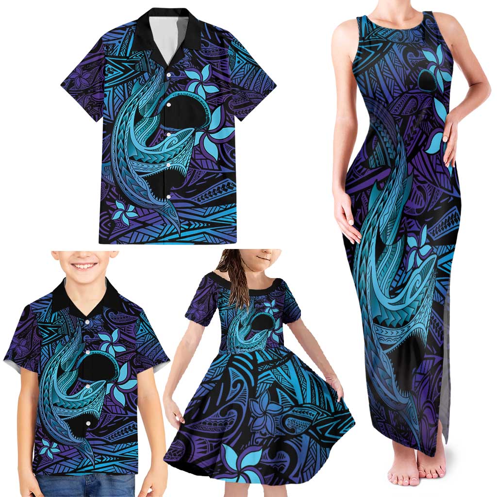 Nukuoro Atoll Family Matching Tank Maxi Dress and Hawaiian Shirt Polynesian Shark Tattoo Purple Gradient Vibes