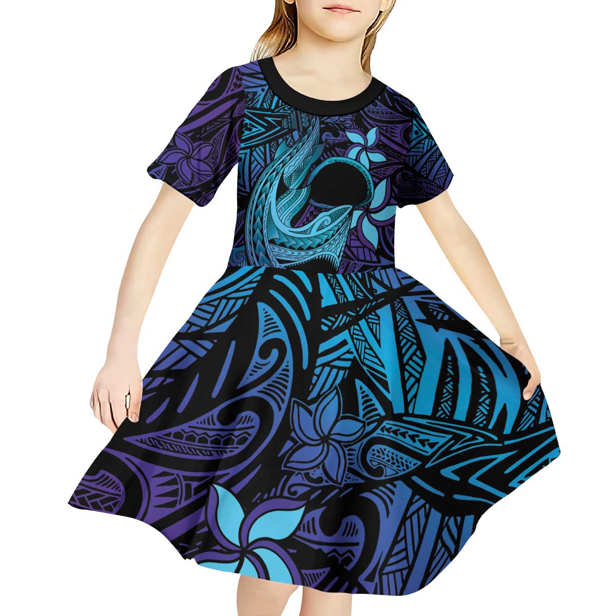 Nukuoro Atoll Kid Short Sleeve Dress Polynesian Shark Tattoo Purple Gradient Vibes