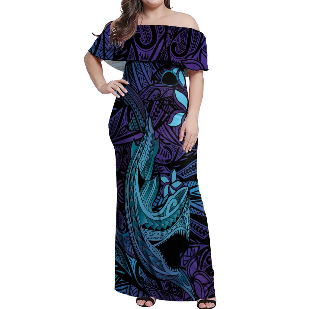 Nukuoro Atoll Off Shoulder Maxi Dress Polynesian Shark Tattoo Purple Gradient Vibes