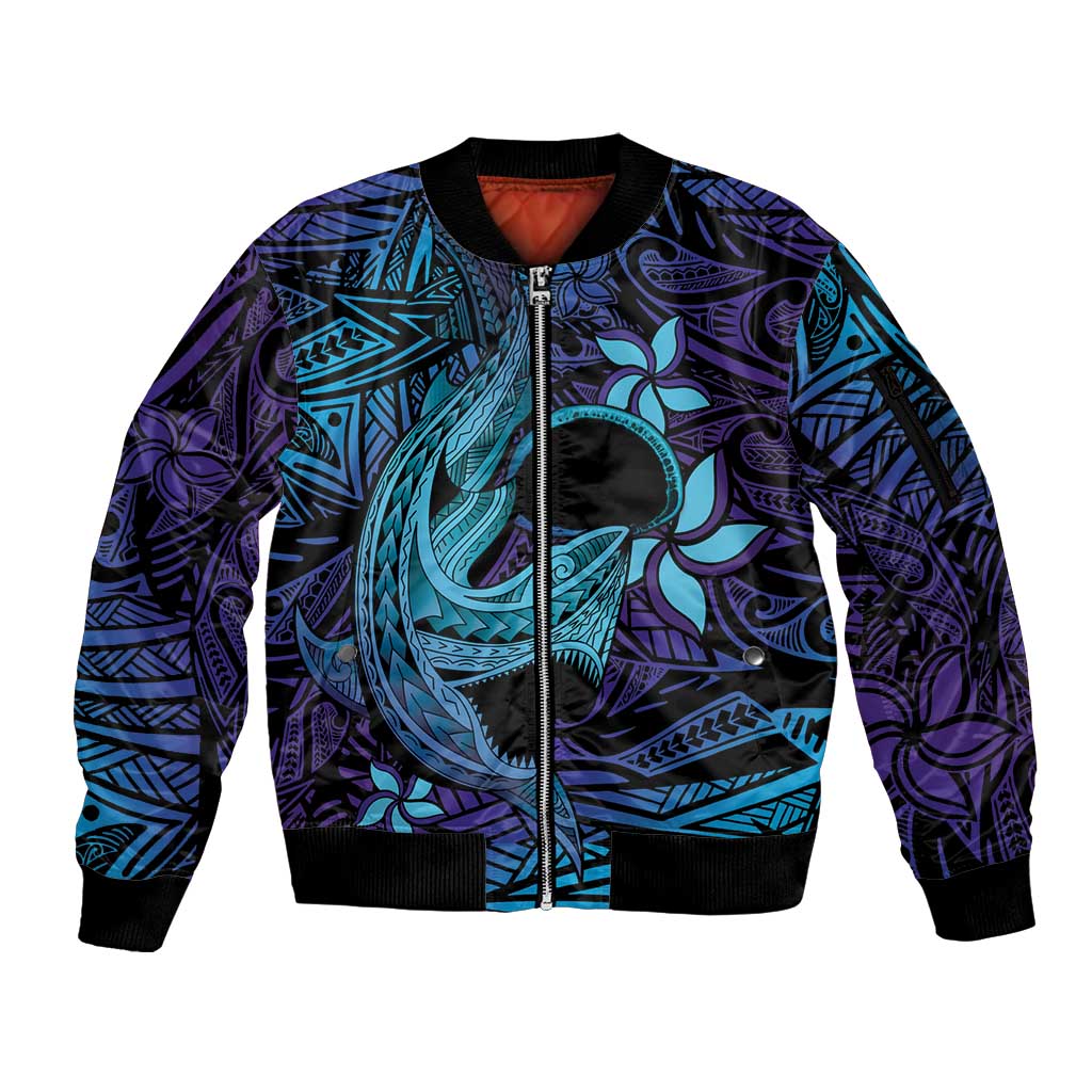 Nukuoro Atoll Sleeve Zip Bomber Jacket Polynesian Shark Tattoo Purple Gradient Vibes