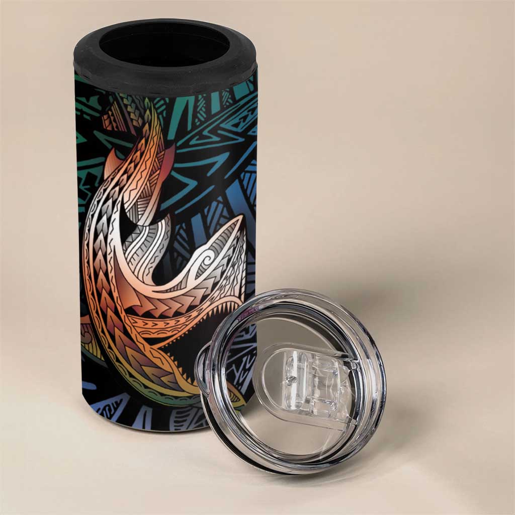 Kwajalein Atoll 4 in 1 Can Cooler Tumbler Polynesian Shark Tattoo Gradient Vibes